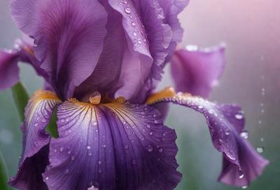 The primary subject of the image is a purple flower with a drop of water on it. The flower is the main focus of the image, and it is set against a background of a green plant. The visual style of the image is a close-up of the flower, which highlights its details and texture. The dominant colors in the image are purple and green, creating a calm and serene atmosphere.