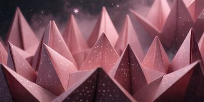 The primary subject of the image is a group of pink paper sculptures, which are the main objects in the scene. The setting is a dark background, which contrasts with the pink paper sculptures. The visual style of the image is a combination of photo and digital art, as it appears to be a close-up of the sculptures. The colors and mood of the image are predominantly pink, creating a warm and inviting atmosphere.