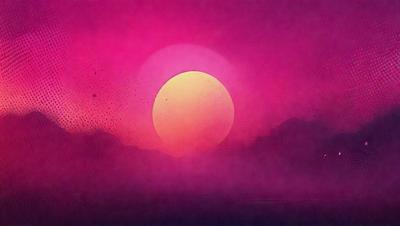 The primary subject of the image is a large, bright sunset. The sun is setting behind a mountain, creating a beautiful and serene scene. The visual style of the image is a combination of photo and digital art, as it captures the vibrant colors and the silhouette of the sun. The colors and mood of the image are predominantly warm and inviting, with the sunset casting a warm glow over the landscape.