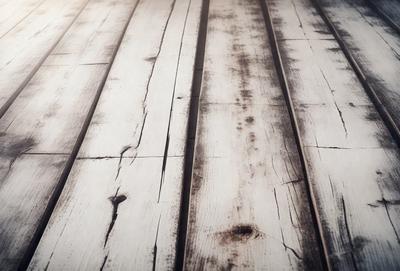 The primary subject of the image is a wooden floor with a worn and weathered appearance. The setting is a room with a wooden floor, and the visual style is a photo. The colors and mood of the image are predominantly brown and worn, giving it a sense of age and history.