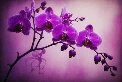 The primary subject of the image is a purple orchid flower. The setting is a pink background, which creates a contrasting and visually appealing environment. The visual style is a close-up of the flower, showcasing its details and beauty. The orchid is the main focus of the image, and its purple color and delicate petals evoke a sense of elegance and serenity.