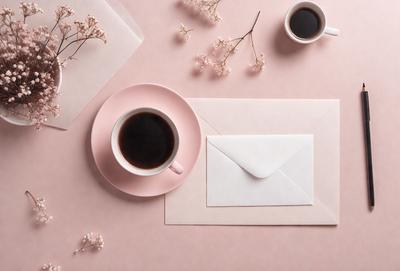 The primary subject of the image is a pink table with a cup of coffee, a pink coffee mug, and a pink envelope. The setting is a pink table, and the visual style is a photo. The colors and mood of the image are predominantly pink, creating a warm and inviting atmosphere.