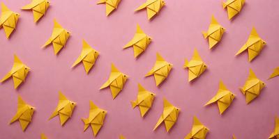 The primary subject of the image is a collection of yellow birds, which are made out of paper. These birds are arranged in various positions and sizes, creating a visually appealing and artistic display. The setting is a pink background, which adds a contrasting and vibrant touch to the scene. The visual style of the image is a combination of digital art and illustration, as the paper birds are skillfully crafted and arranged to create a cohesive and eye-catching composition. The colors and mood of the