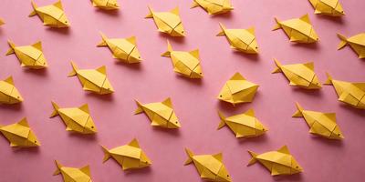 The primary subject of the image is a collection of yellow paper fish. These fish are arranged in various positions and orientations, creating a visually interesting and dynamic scene. The setting is a pink background, which adds a pop of color to the composition. The visual style of the image is a mix of photo and digital art, as the paper fish appear to be realistically rendered while still maintaining a digital artistic quality. The colors and mood of the image are predominantly warm and vibrant, with the yellow paper