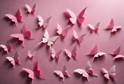 The primary subject of the image is a collection of pink butterfly cutouts. These cutouts are arranged on a pink background, creating a visually appealing and playful scene. The visual style of the image is a combination of photo and digital art, as the butterflies are realistically depicted while the background is pink and smooth, which is not typical of a natural setting. The colors and mood of the image are predominantly pink, which gives it a warm and inviting atmosphere.
