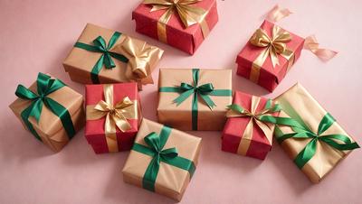 The primary subject of the image is a collection of wrapped presents. The presents are placed on a pink surface, which serves as the background. The visual style of the image is a photo, capturing the details of the presents and their wrapping. The colors and mood of the image are predominantly pink, which adds a warm and festive atmosphere to the scene.