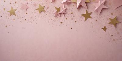The primary subject of the image is a pink background with stars and gold stars scattered across it. The setting appears to be a creative or artistic environment, possibly a workspace or a display. The visual style of the image is a combination of digital art and illustration, with the gold stars and the pink background creating a unique and eye-catching design. The colors and mood of the image are predominantly pink and gold, giving it a warm and inviting atmosphere.