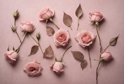 The primary subject of the image is a bouquet of pink roses. The roses are arranged in a visually appealing manner, with some of them placed on a pink surface. The setting appears to be a studio or a controlled environment, as the roses are carefully positioned and displayed. The visual style of the image is a combination of photo and digital art, creating a realistic yet artistic representation of the roses. The dominant colors in the image are pink, which is the color of the roses,