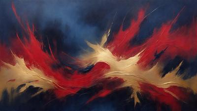 The primary subject of the image is a painting featuring a red and yellow color scheme. The painting is set against a blue background, creating a striking contrast. The visual style of the painting is a mix of digital art and illustration, giving it a unique and artistic appearance. The dominant colors in the painting are red and yellow, which evoke a sense of warmth and energy.
