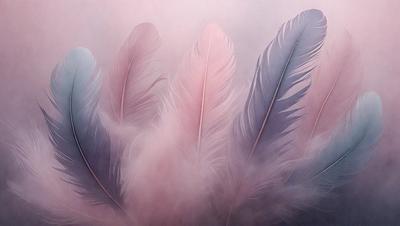 The primary subject of the image is a close-up of a pink and white feather. The setting is a foggy background, creating a moody atmosphere. The visual style is a combination of a photo and digital art, as the feather appears to be a part of a larger, more intricate design. The colors and mood of the image are predominantly pink and white, with the foggy background adding a sense of mystery and depth to the scene.