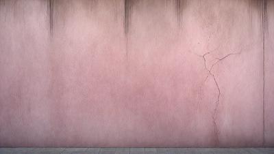 The primary subject of the image is a pink wall with a crack in it. The setting is a room with a tiled floor. The visual style is a photo, and the dominant colors are pink and red. The overall atmosphere is somewhat distressed or damaged, possibly due to the crack in the wall.