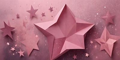 The primary subject of the image is a pink paper star. The setting is a purple background, which adds a contrasting color to the scene. The visual style is a combination of digital art and illustration, creating a unique and eye-catching design. The colors and mood of the image are predominantly pink and purple, giving it a warm and inviting atmosphere.