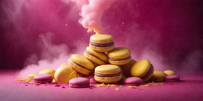 The primary subject of the image is a stack of macaroon cookies. The cookies are piled on top of each other, creating a visually appealing display. The setting is a pink background, which adds a touch of color to the scene. The visual style of the image is a close-up of the cookies, showcasing their texture and details. The colors and mood of the image are predominantly pink, giving it a warm and inviting atmosphere.