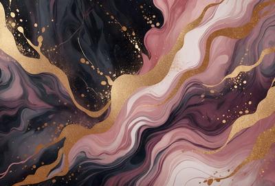 The primary subject of the image is a painting featuring a colorful, abstract design. The setting is a wall, and the visual style appears to be a combination of digital art and illustration. The painting is predominantly pink and gold, creating a warm and vibrant atmosphere.