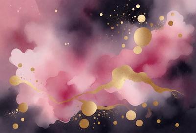 The primary subject of the image is a colorful, abstract painting featuring a mix of pink, purple, and gold colors. The setting is a cloudy sky, which serves as the backdrop for the painting. The visual style of the image is a combination of digital art and illustration, creating a unique and vibrant atmosphere. The dominant colors in the painting are pink, purple, and gold, giving the artwork a warm and luminous feel.