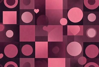 The primary subject of the image is a pattern of hearts, which are arranged in a square or diamond shape. The hearts are pink and are placed on a purple background. The visual style of the image is a combination of digital art and illustration, creating a unique and eye-catching design. The colors and mood of the image are predominantly pink and purple, giving it a warm and inviting atmosphere.