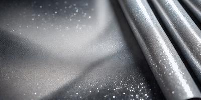 The primary subject of the image is a close-up of a shiny, metallic surface with a pattern of glittering specks. The setting is a dark background, which contrasts with the shiny surface. The visual style appears to be a photo, as it captures the intricate details of the glittering specks. The colors and mood of the image are predominantly dark, with the shiny surface and glittering specks providing a sense of depth and interest.