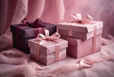 The primary subject of the image is a pink box with a bow on top. The setting is a table with a white tablecloth. The visual style is a photo, and the colors and mood are predominantly pink, creating a warm and inviting atmosphere.