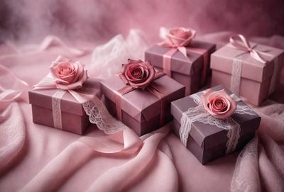 The primary subject of the image is a group of pink roses. They are placed on a pink background, which adds to the overall mood of the scene. The roses are arranged in a visually appealing manner, with some of them being wrapped in pink ribbon. The setting appears to be a romantic or celebratory event, as the roses are presented in a thoughtful and elegant manner.
