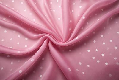 The primary subject of the image is a piece of pink fabric with white polka dots. The fabric is rolled up and appears to be a piece of clothing or a curtain. The setting is a room with a pink background, which adds to the overall mood of the image. The visual style is a close-up of the fabric, showcasing its texture and pattern.