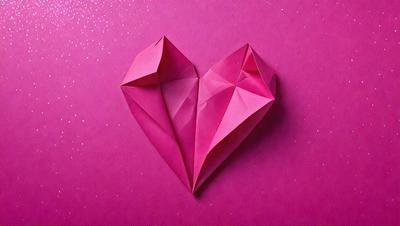The primary subject of the image is a heart-shaped paper cutout. The heart is pink and is placed on a pink background. The visual style of the image is a close-up of the heart, showcasing its intricate details. The colors and mood of the image are predominantly pink, creating a warm and affectionate atmosphere.