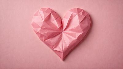The primary subject of the image is a heart-shaped paper, which is pink in color. The heart is made of paper and is placed on a pink surface. The setting appears to be a room with a pink background, which adds to the overall mood of the image. The visual style of the image is a combination of a photo and a drawing, creating a unique and artistic representation of the heart.