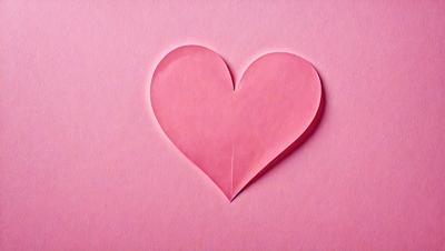 The primary subject of the image is a heart-shaped paper cutout. The heart is pink and is placed on a pink background. The visual style of the image is a close-up of the heart, showcasing its shape and color. The colors and mood of the image are predominantly pink, creating a warm and affectionate atmosphere.