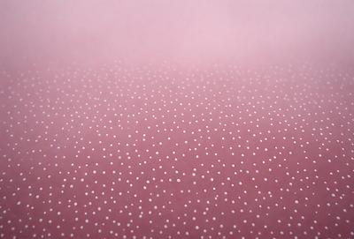 The primary subject of the image is a close-up of a pink surface with a pattern of white dots. The setting appears to be a room with a pink background. The visual style is a close-up of the pink surface, which gives a sense of depth and texture. The colors and mood of the image are predominantly pink and white, creating a calm and soothing atmosphere.