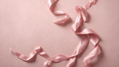 The primary subject of the image is a pink ribbon. The ribbon is wound around a pink surface, creating a visually appealing and elegant display. The setting appears to be a pink background, which complements the color of the ribbon. The visual style of the image is a close-up of the pink ribbon, emphasizing its texture and details. The colors and mood of the image are predominantly pink, creating a warm and inviting atmosphere.