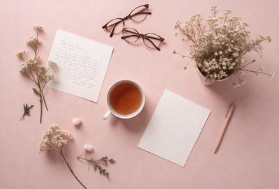 The primary subject of the image is a cup of tea placed on a pink table. The setting is a table with a pink background, and the visual style is a photo. The colors and mood of the image are warm and inviting, with the pink table and the cup of tea creating a cozy atmosphere.