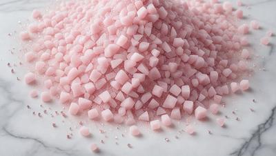 The primary subject of the image is a pile of pink and white beads. The beads are scattered on a white surface, which could be a table or a marble countertop. The visual style of the image is a close-up of the beads, showcasing their texture and color. The colors and mood of the image are predominantly pink and white, giving it a clean and elegant appearance.