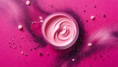 The primary subject of the image is a pink lip gloss or lipstick, which is placed on a pink background. The lip gloss or lipstick is in a cup, and it appears to be a close-up shot of the product. The setting is a pink table, and the visual style is a combination of a photo and a digital art or illustration. The colors and mood of the image are predominantly pink, creating a warm and inviting atmosphere.