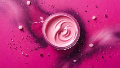 The primary subject of the image is a pink lip gloss or lipstick, which is placed on a pink background. The lip gloss or lipstick is in a cup, and it appears to be a close-up shot of the product. The setting is a pink table, and the visual style is a combination of a photo and a digital art or illustration. The colors and mood of the image are predominantly pink, creating a warm and inviting atmosphere.