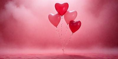 The primary subject of the image is a group of three red heart-shaped balloons. They are floating in the air, with one balloon slightly higher than the other two. The setting is a pink background, which adds a warm and romantic atmosphere to the scene. The visual style is a photo, capturing the heart-shaped balloons in their natural environment. The colors and mood of the image are predominantly pink, which is associated with love and affection.