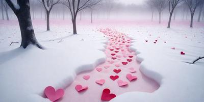 The primary subject of the image is a trail of pink hearts in the snow. The setting is a snowy landscape with trees in the background. The visual style is a digital art or illustration, creating a whimsical and romantic atmosphere. The dominant colors are pink and white, with the hearts being the main focus of the scene.