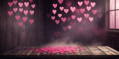 The primary subject of the image is a pile of pink hearts. The hearts are scattered on a wooden table, creating a visually appealing and playful scene. The setting is a room with a wooden table, and the visual style appears to be a combination of a photo and digital art. The dominant colors in the image are pink, which gives the scene a warm and cheerful atmosphere.