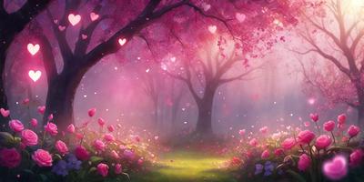 The primary subject of the image is a tree with pink flowers, surrounded by a forest. The setting is a forest with a path leading to the tree. The visual style is a digital art or illustration, creating a whimsical and romantic atmosphere. The dominant colors are pink and purple, with the pink flowers adding a touch of warmth to the scene.