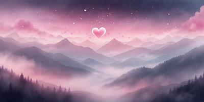 The primary subject of the image is a heart-shaped balloon floating in the sky. The setting is a mountainous landscape with a pink sky, creating a serene and romantic atmosphere. The visual style is a digital art or illustration, with the heart-shaped balloon being the focal point of the scene. The colors and mood are predominantly pink, which adds to the overall warm and inviting ambiance of the image.