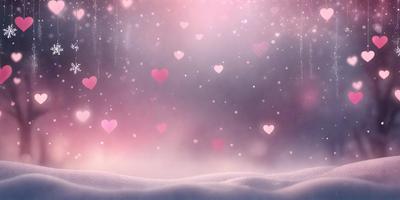 The primary subject of the image is a large number of hearts floating in the air. The hearts are scattered throughout the scene, creating a visually appealing and playful atmosphere. The setting is a snowy environment, with the hearts floating against a backdrop of snow-covered ground. The visual style of the image is a combination of digital art and illustration, giving it a unique and creative appearance. The dominant colors in the image are pink and white, which are associated with love and warmth, adding to the overall m