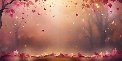 The primary subject of the image is a beautifully illustrated scene of a forest with a pink and yellow color scheme. The setting is a forest with a tree and a few leaves scattered around. The visual style is a digital art or illustration, creating a vibrant and lively atmosphere. The colors and mood of the image are warm and inviting, with the pink and yellow hues evoking a sense of tranquility and serenity.