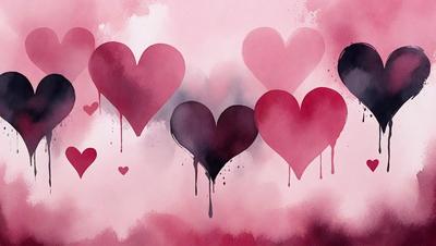 The primary subject of the image is a series of four black hearts, each with a drop of red paint on them. The hearts are arranged in a row, with one on the left, one in the middle, one on the right, and one at the far right. The setting is a pink background, which adds a contrasting color to the scene. The visual style is a combination of digital art and illustration, creating a unique and eye-catching design. The colors and mood of the image are predominantly pink