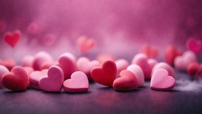 The primary subject of the image is a collection of pink hearts. The hearts are scattered across a dark surface, creating a visually striking contrast. The setting appears to be a dark room, with the hearts being the main focus of the image. The visual style is a close-up of the hearts, emphasizing their shape and texture. The colors and mood of the image are predominantly pink, giving it a warm and inviting atmosphere.