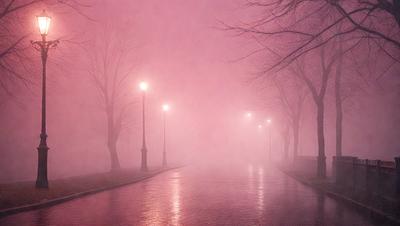 The primary subject of the image is a street with a pinkish hue, likely due to fog or a purple sky. The street is illuminated by streetlights, creating a moody atmosphere. The setting is a park with trees, and the visual style appears to be a photo. The colors and mood of the image are predominantly pink and somewhat mysterious, as the fog or purple sky adds a sense of mystery to the scene.