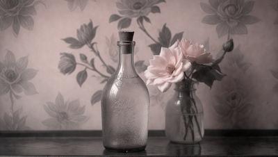 The primary subject of the image is a glass bottle with a cork stopper, placed on a table. The setting is a room with a wallpapered wall, and the visual style is a photo. The dominant colors in the image are pink and white, creating a warm and inviting atmosphere.