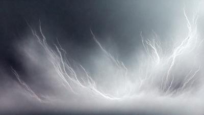 The primary subject of the image is a cloudy sky with a white, lightning-like pattern. The setting is a dark, cloudy background, and the visual style appears to be a combination of a photo and digital art. The colors and mood of the image are predominantly dark and moody, with the white lightning-like pattern adding a touch of brightness to the scene.