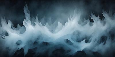 The primary subject of the image is a blue and white ocean scene with a misty atmosphere. The setting is a dark blue sky, and the background features a cloudy sky. The visual style is a combination of a photo and digital art, creating a unique and artistic representation of the ocean. The dominant colors are blue and white, with the blue sky and white ocean waves, while the overall atmosphere is serene and calming.