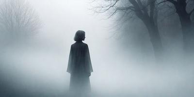 The primary subject of the image is a woman wearing a long coat, standing in a foggy, misty forest. The setting is a forest with a tree in the background. The visual style is a photo, capturing the woman's silhouette against the foggy background. The colors and mood of the image are predominantly dark and moody, with the fog and mist creating a mysterious atmosphere.