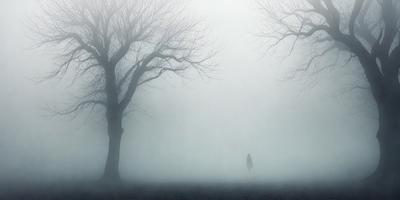 The primary subject of the image is a person walking in a foggy, misty forest. The setting is a foggy, misty forest with trees in the background. The visual style is a photo, capturing the person and the surrounding environment. The colors and mood of the image are dominated by the foggy, misty atmosphere, creating a mysterious and serene ambiance.