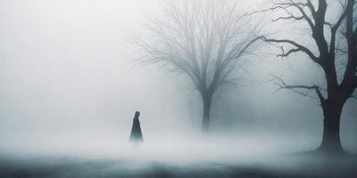 The primary subject of the image is a person walking in a foggy, snowy environment. The person is wearing a black coat and appears to be walking towards a tree. The setting is a forest with a tree in the foreground. The visual style of the image is a photo, capturing the person and the surrounding environment in a realistic manner. The colors and mood of the image are predominantly dark and moody, with the fog and snow creating a mysterious and atmospheric atmosphere.