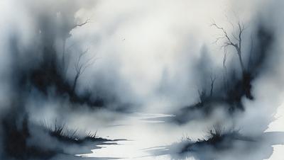 The primary subject of the image is a body of water, possibly a river or a lake, surrounded by a forest. The setting is a foggy, misty environment, creating a mysterious and serene atmosphere. The visual style is a painting, with the artist using a combination of colors and textures to create a realistic and captivating scene. The dominant colors are shades of blue and green, which contribute to the overall mood of the painting.